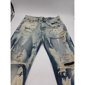 Akoo Jeans Mens 36x33" Big Oak Fit Distressed Frayed Hem Splatter Indigo Retro